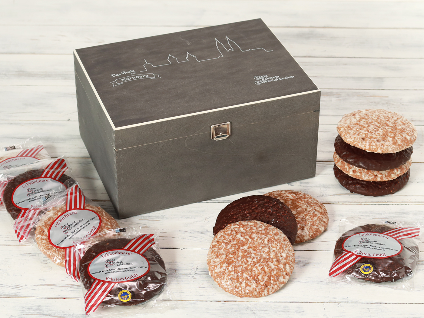 Präsentruhe "Genussgrüße aus Nürnberg" – 20 Stück Echte Eckstein Elisen-Lebkuchen
